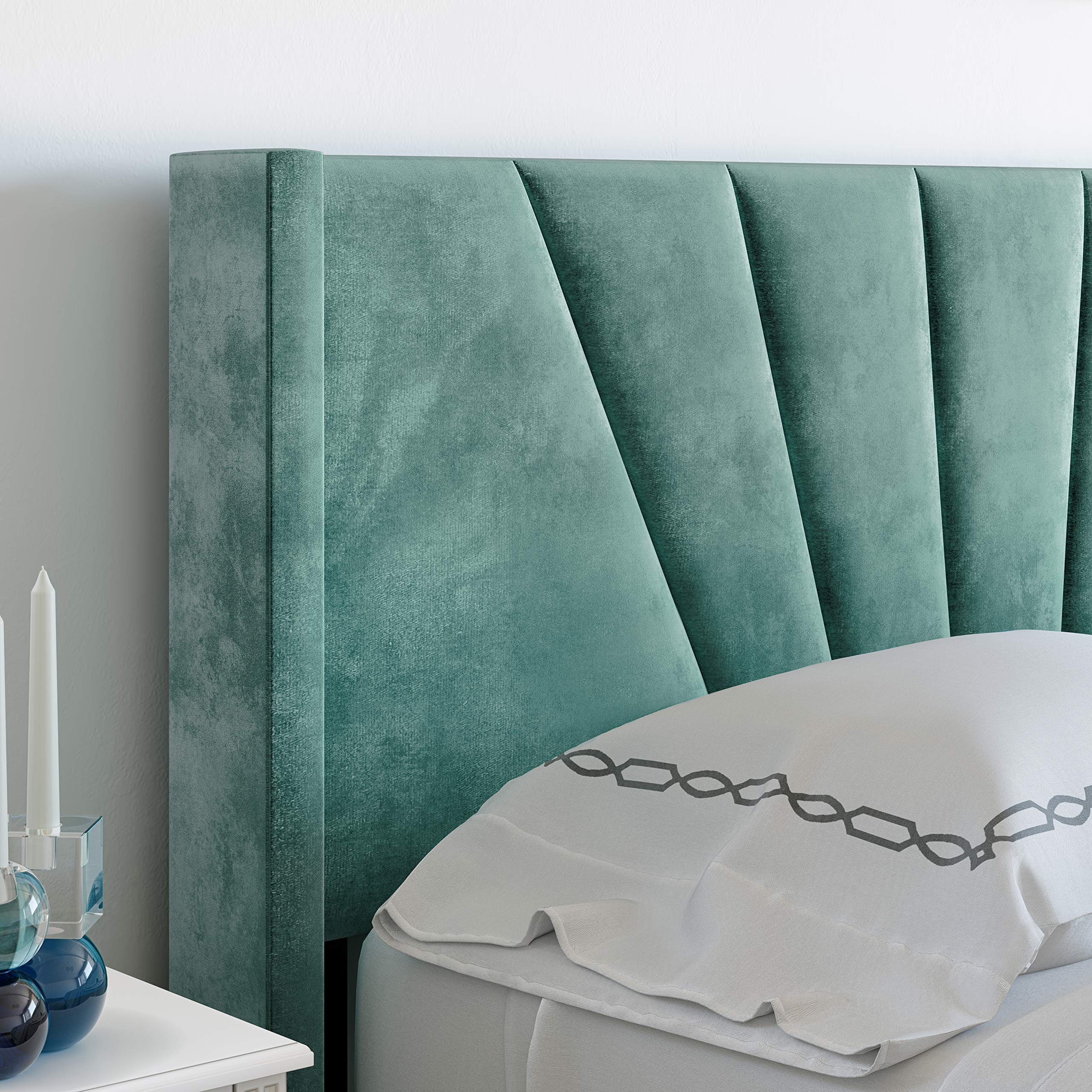 Boyd Sleep Valencia Upholstered Platform Bed Frame Mattress Foundation With Headboard And Strong Wood Slat Supports: Velour, Aqua, Queen (Vlaq960Qn)